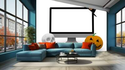 personal computer with witch hat skull and halloween pumpkin Wall mural