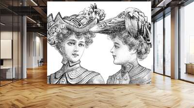 portrait of two women with vintage hats Wall mural