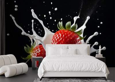 fruit milk strawberry splash isolated berry yogurt food background white falling fresh cream wave ingredient macro liquid design red juicy ripe organic group drink swirl sweet Wall mural