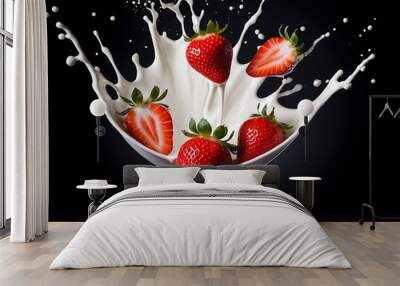 fruit milk strawberry splash isolated berry yogurt food background white falling fresh cream wave ingredient macro liquid design red juicy ripe organic group drink swirl sweet Wall mural