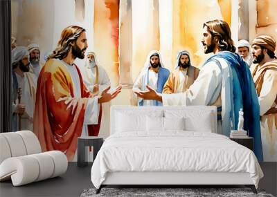 Jesus Christ teaches in the Temple. Watercolor Biblical Illustration	 Wall mural