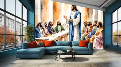 Jesus Christ teaches in the Temple. Watercolor Biblical Illustration Wall mural