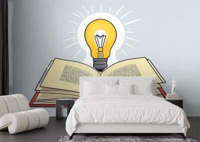 Reading book for inspiration, discover solution or literature, wisdom concept, opened book to discover lightbulb idea.  Wall mural