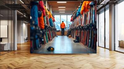 Busy ski resort equipment rental shop with colorful gear Wall mural