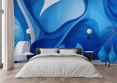 Relaxing wall with blue tones and abstract shapes, interior design including part of a sofa, a seat and two vases Wall mural