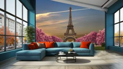 Eiffel tower from Camps of Mars at sunset Wall mural