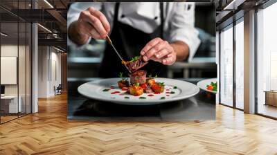 close up horizontal image of a fine dining chef finishing to decorate a fancy beef dish AI generated Wall mural