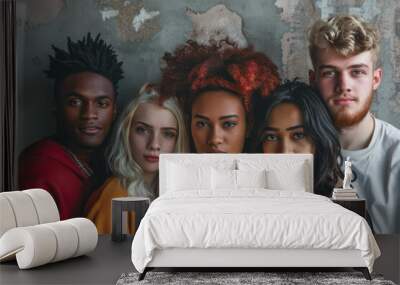 close up horizontal portrait image of a diverse group of young people in context of a modern multicultural society Wall mural