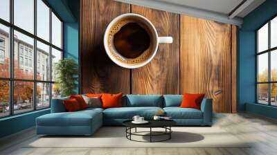 close up view from above of a coffee mug on a wooden table AI generated Wall mural