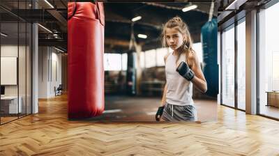 young boxer girl standing in front of a boxing bag at the gym Wall mural