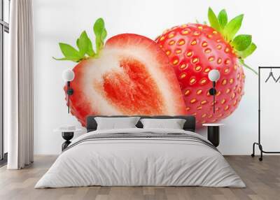 red whole strawberry whole and half with green leaf isolated on white background Wall mural