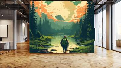 Person walking in the nature with a backpack Wall mural