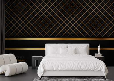 Elegant black luxury background. Black leather textured with gold metal details. Modern vector design template. Wall mural