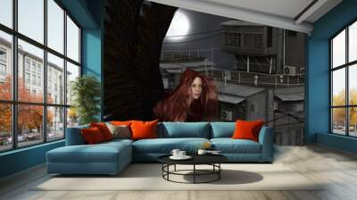 fantasy illustration of a female urban guardian angel crouching on a city rooftop on a dark night wi Wall mural