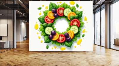 Vibrant Circular Arrangement of Fresh Fruits and Leafy Greens Wall mural