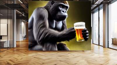 Funny gorilla drinking beer at bar, illustration Wall mural