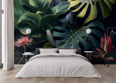 Tropical leaves background, jungle rainforest plants wallpaper. Generative AI Wall mural