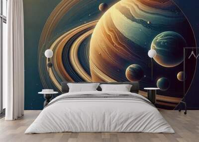 a captivating wallpaper featuring a planet with prominent rings and multiple moons. Wall mural