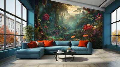 A jungle of giant flowers: a jungle where the plants are larger than life, with flowers as big as trees and vines that reach the clouds. a landscape featuring a colorful, vibrant jungle Wall mural