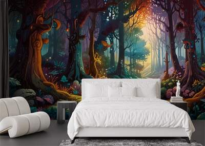 illustration of an abstract depiction of a magical fantasy wonderland forest Wall mural