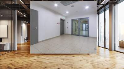 The floor of a modern office building with a light decor. Grey doors and a double-leaf .glass door. Wall mural