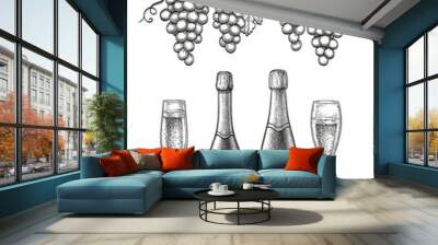 Champagne ink sketch set. Wall mural