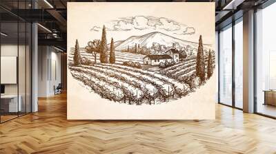 Hand drawn vineyard landscape Wall mural