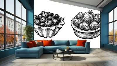 Ink sketch of fruit tarts with fresh berries. Wall mural