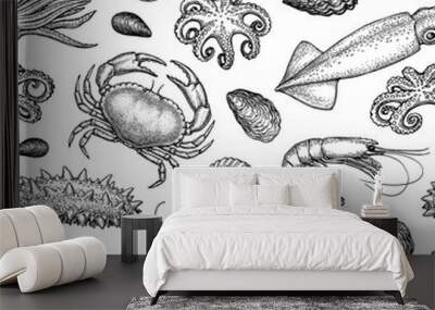 Seamless pattern with seafood and fish. Wall mural