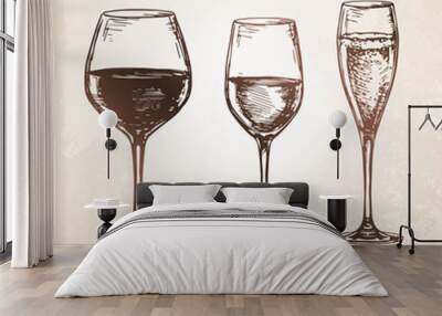 Sketch set of wineglasses. Wall mural