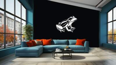  Pool Frog, Circular Design, Black Background, White Outline, Pond Amphibian Illustration, Detailed Wildlife Art