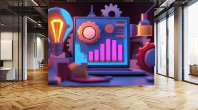 3D Illustration of online course platform with books, light bulbs, educational content Wall mural