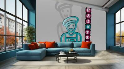 3D representation of PAINTER with icon on the wall and text arranged by metallic cubic letters on a mirror floor for concept meaning and slideshow presentation. artist and art Wall mural