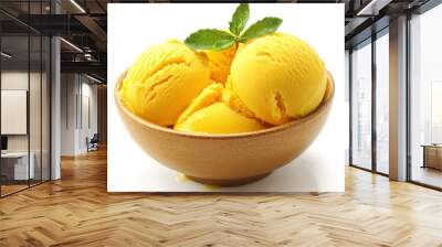 A bowl of yellow ice cream scoops garnished with mint leaves. Wall mural