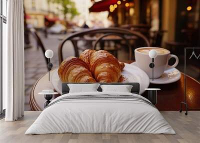 A croissant and coffee on a café table in a lively street. Wall mural