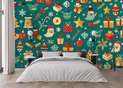 A festive holiday pattern featuring various Christmas-themed elements on a green background. The elements include Santa Claus faces, Christmas trees, gift boxes, candy canes Wall mural