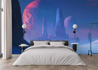 A futuristic cityscape under two moons in a misty environment. Wall mural