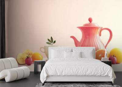 A light-colored backdrop displays a jug, mugs, and fruits in a regular rhythm, with contrasting colors adding a cute and stylish touch to the coffee-themed design. Wall mural