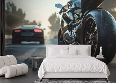 a modern black sports bike and car on road  Wall mural