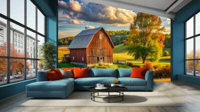 a peaceful countryside scene with a barn Wall mural