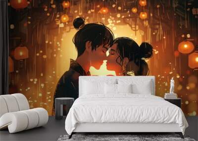 A Romantic Moment Under the Lanterns Wall mural