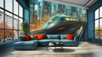 A train speeds through a city at night. Wall mural