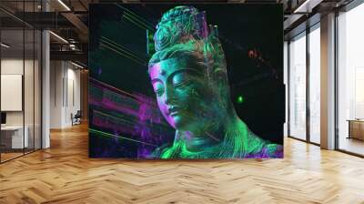 A vibrant digital representation of a serene Buddha statue. Wall mural