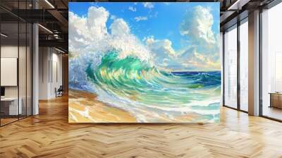 A wave crashing on a sandy shore under a blue Wall mural