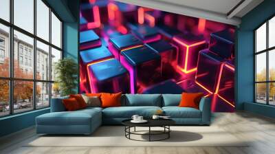 abstract background neon glowing lights and black cubes , futuristic technology wallpaper, digital cyber tech backdrop Wall mural