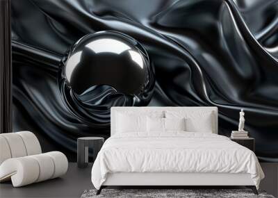 abstract background with shiny chrome ball in twisted black silk cloth, modern 3d wallpaper, business background  Wall mural