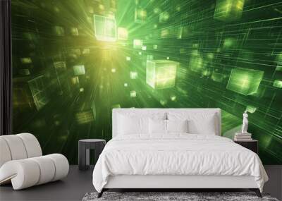 Abstract cyber tech background with floating 3D holographic cubes, emitting pulses of light in a digital matrix. Wall mural