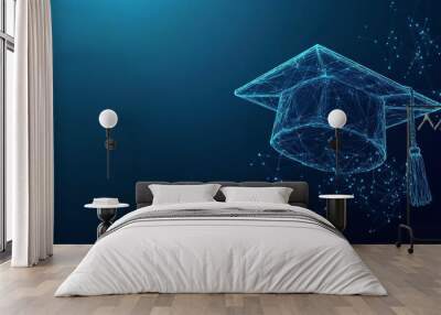 Abstract low poly graduation cap with glowing dots set against dark blue background representing education technology, digital learning tools, academic achievement Wall mural