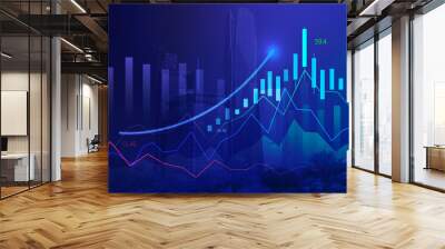 Stock market digital graph chart on LED display concept. A large display of daily stock market price and quotation. Indicator financial with buildings background Wall mural