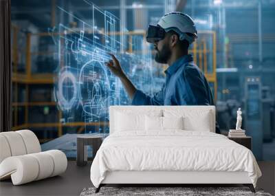 an engineer working with the blue prints of a project through virtual reality technology, futuristic tech use in industry  Wall mural